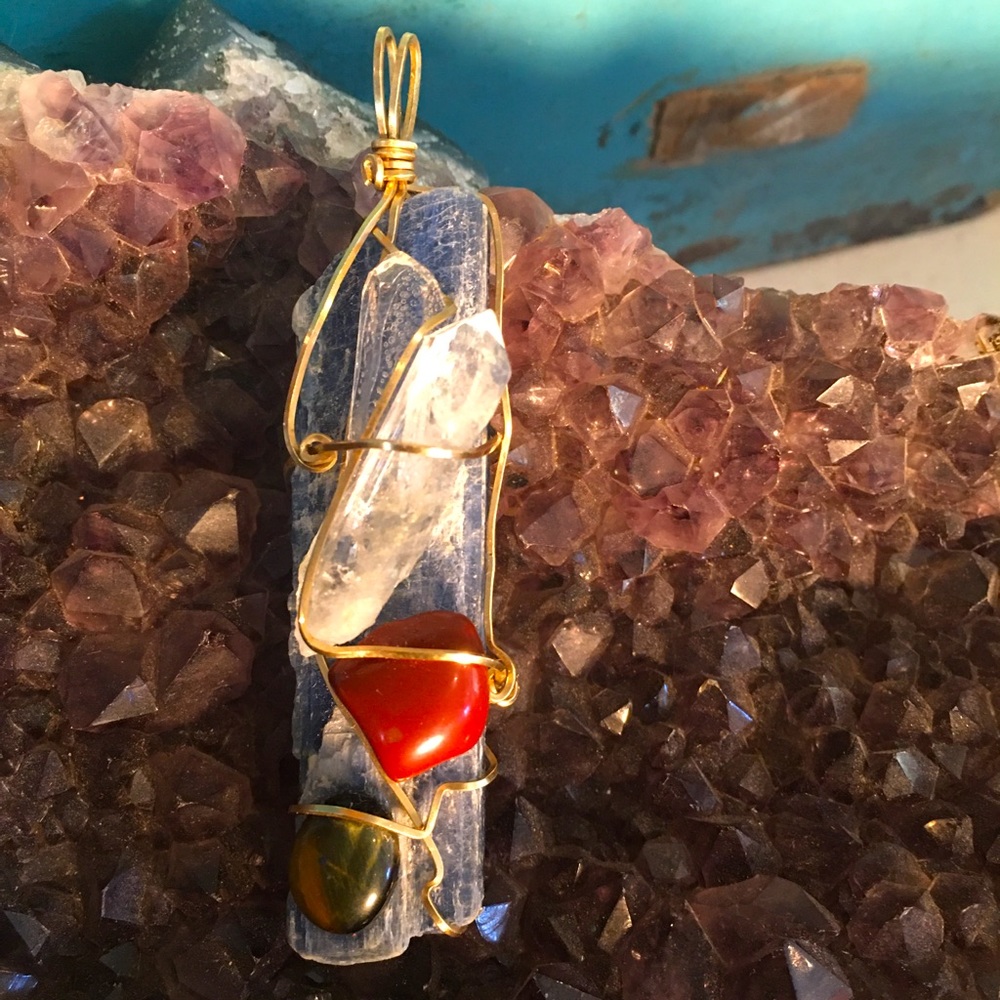 Natural Kyanite Chunk Wire•wrapped w Quartz, Red Jasper & Tigers Eye Pendant